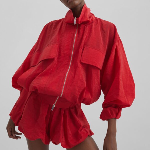 The Frankie Shop Drea Sheer Bomber Jacket - Red - Oversized Minimalist Jackets in Red - Shop at Coveti