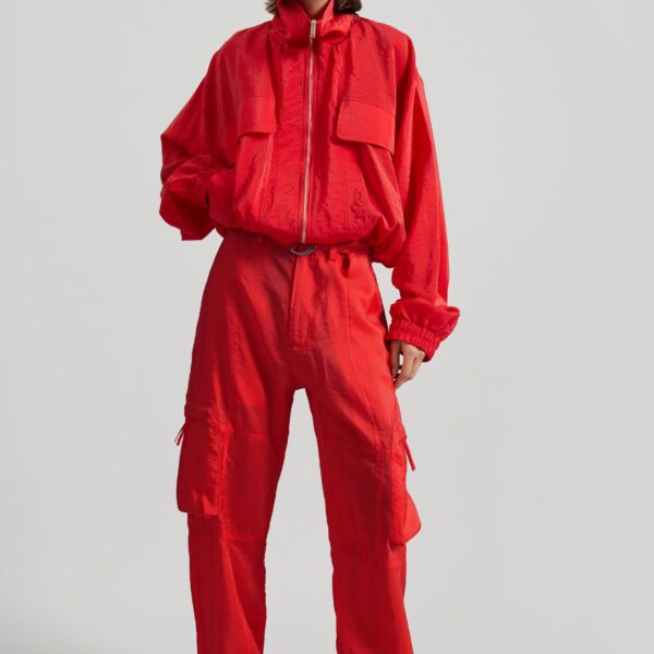 The Frankie Shop Drea Sheer Bomber Jacket - Red - Oversized Minimalist Jackets in Red - Shop at Coveti