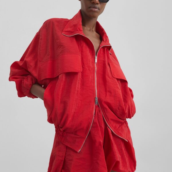 The Frankie Shop Drea Sheer Bomber Jacket - Red - Oversized Minimalist Jackets in Red - Shop at Coveti