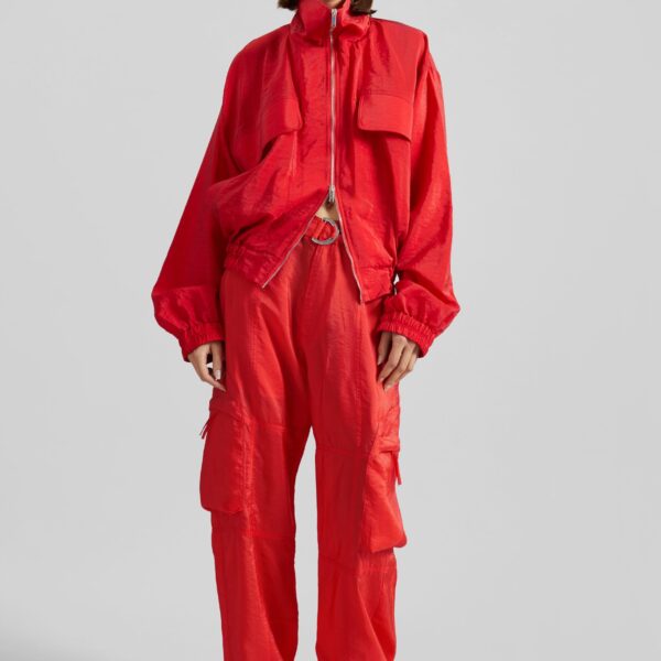 The Frankie Shop Drea Sheer Bomber Jacket - Red - Oversized Minimalist Jackets in Red - Shop at Coveti