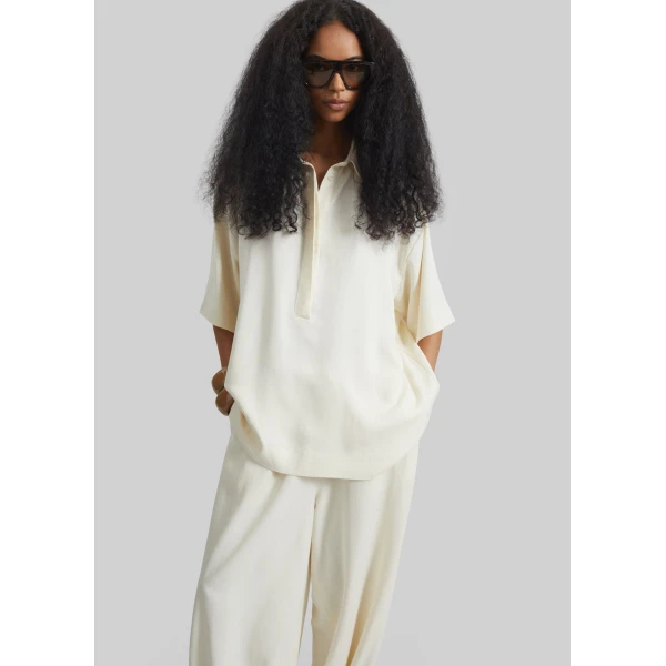 The Frankie Shop Eda Fluid Polo Shirt – Ivory, view 2