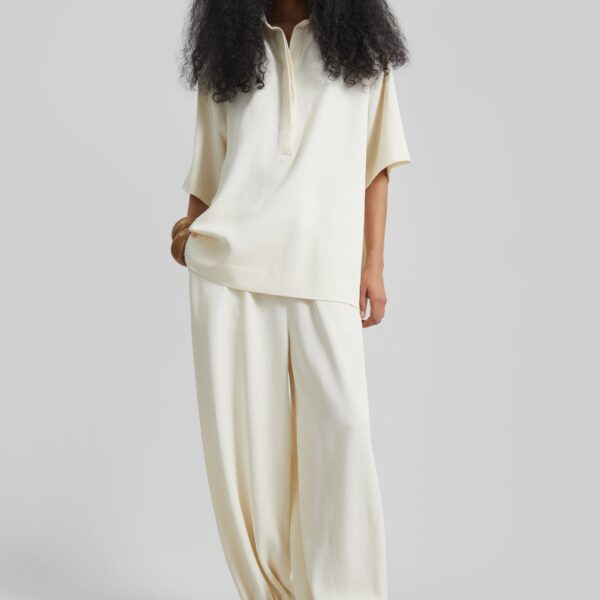 The Frankie Shop Eda Fluid Polo Shirt - Ivory - Oversized Minimalist Tops in Ivory - Shop at Coveti