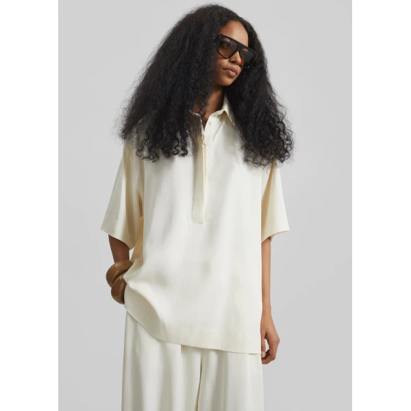 The Frankie Shop Eda Fluid Polo Shirt – Ivory, view 4