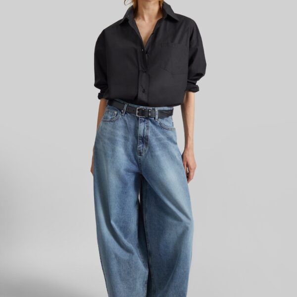 The Frankie Shop Elga Barrel Leg Jeans - Medium Wash - Oversized Minimalist Pants in Grey - Shop at Coveti