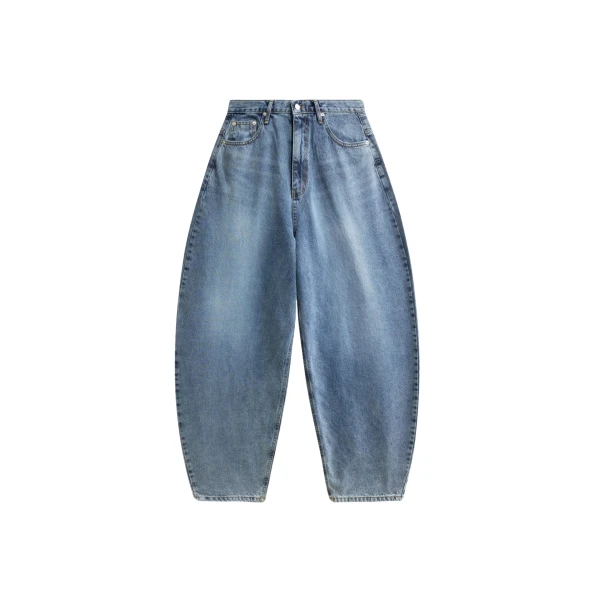 The Frankie Shop Elga Barrel Leg Jeans - Medium Wash - Oversized Minimalist Pants in Grey - Shop at Coveti