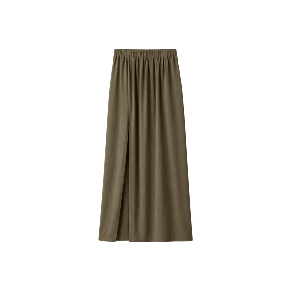 The Frankie Shop Elie Silk Fluid Maxi Skirt - Olive - Oversized Minimalist Skirts in Green - Shop at Coveti