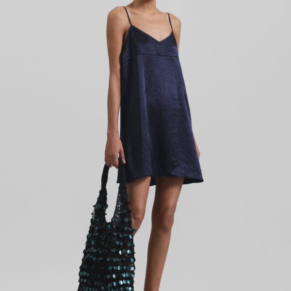 The Frankie Shop Elma Satin Mini Dress - Navy - Oversized Minimalist Dresses in Blue - Shop at Coveti