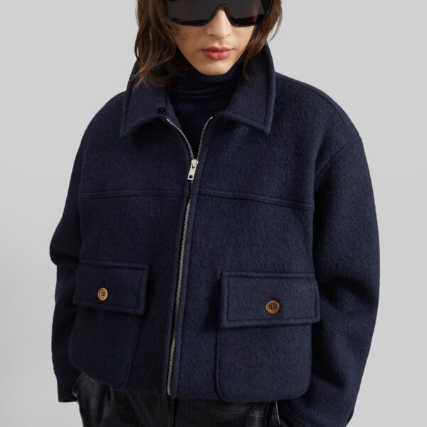 The Frankie Shop Elmont Brushed Wool Quilted Jacket - Dark Navy - Oversized Minimalist Jackets in Blue - Shop at Coveti