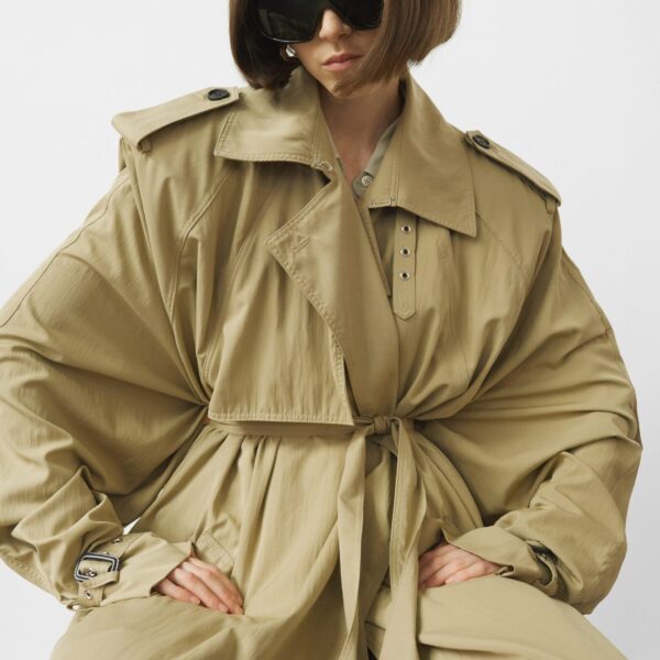 The Frankie Shop Elsdon Fluid Long Trench - Camel - Oversized Minimalist Coats in Beige - Shop at Coveti