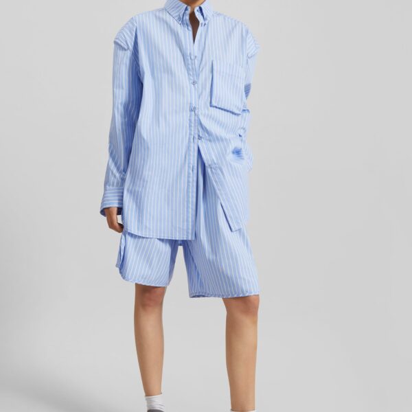 The Frankie Shop Elyn Cotton Bermuda Shorts - Blue/White Stripe - Oversized Minimalist Shorts in Multicolour - Shop at Coveti