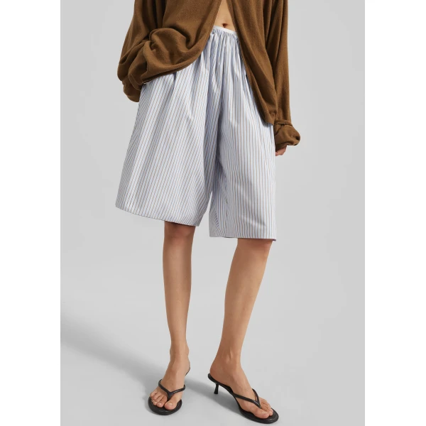 The Frankie Shop Elyn Cotton Bermuda Shorts – Light Blue/Brown Stripe, view 3