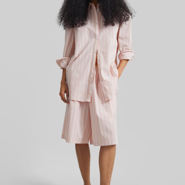 The Frankie Shop Elyn Elastic Bermuda Shorts - Pink/White Stripes - Oversized Minimalist Shorts in Multicolour - Shop at Coveti