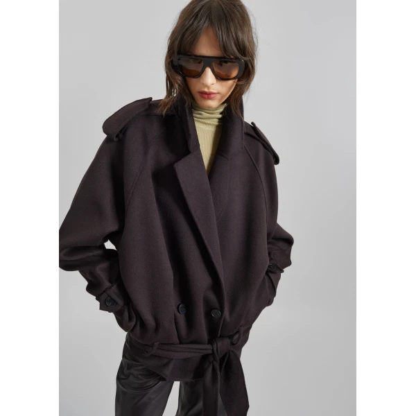 The Frankie Shop Elys Short Wool Trench – Dark Plum, view 2