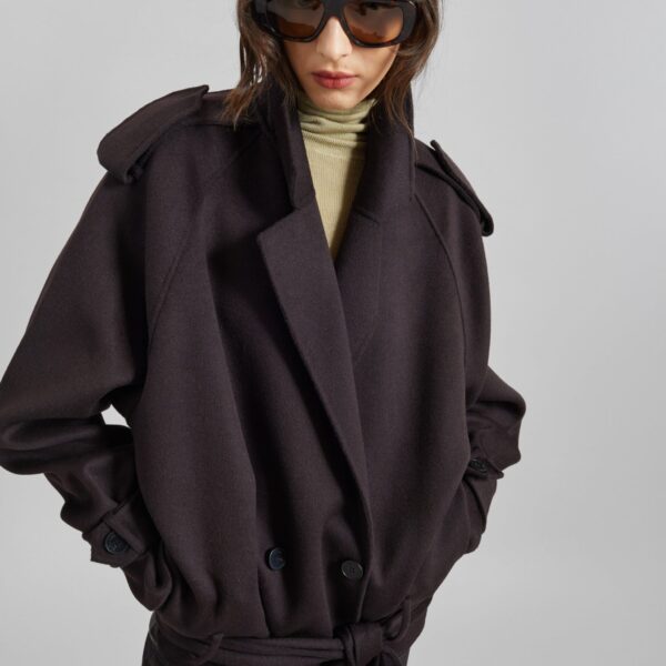 The Frankie Shop Elys Short Wool Trench - Dark Plum - Oversized Minimalist Coats in Purple - Shop at Coveti