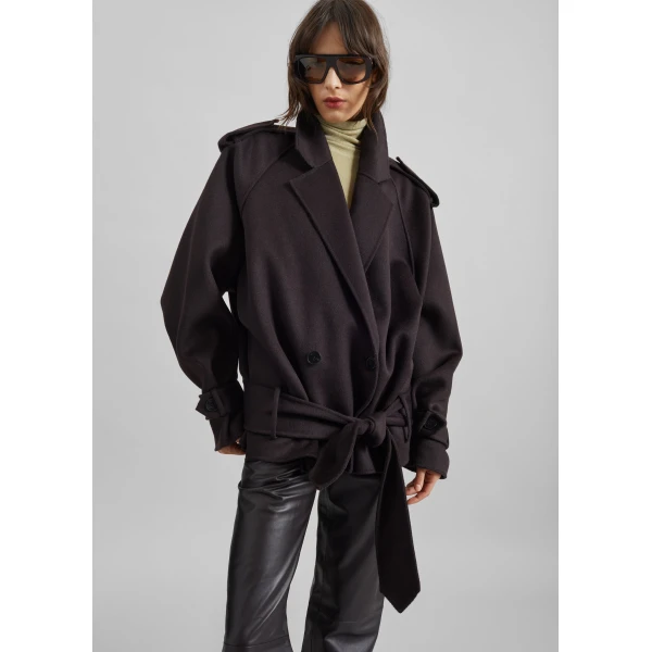 The Frankie Shop Elys Short Wool Trench – Dark Plum, view 3