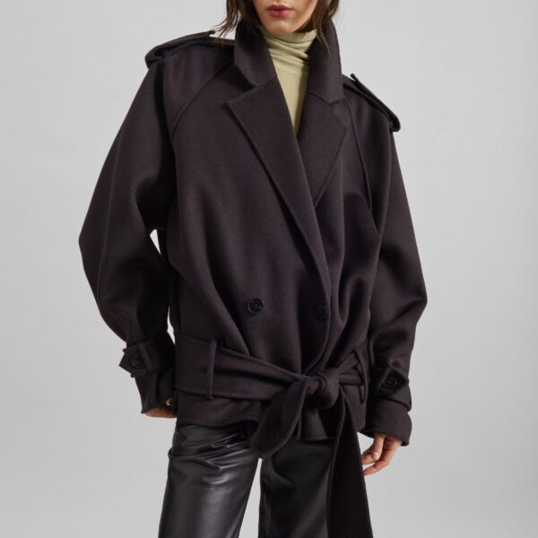 The Frankie Shop Elys Short Wool Trench - Dark Plum - Oversized Minimalist Coats in Purple - Shop at Coveti