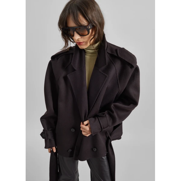 The Frankie Shop Elys Short Wool Trench – Dark Plum, view 4