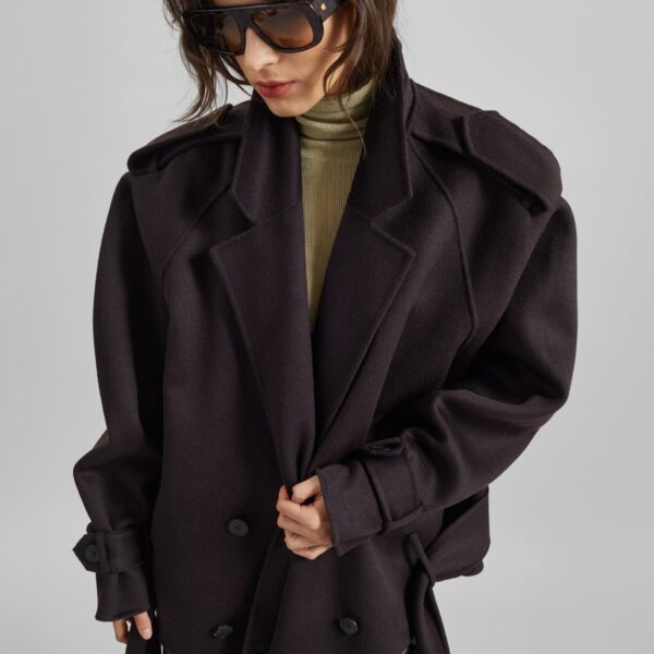 The Frankie Shop Elys Short Wool Trench - Dark Plum - Oversized Minimalist Coats in Purple - Shop at Coveti