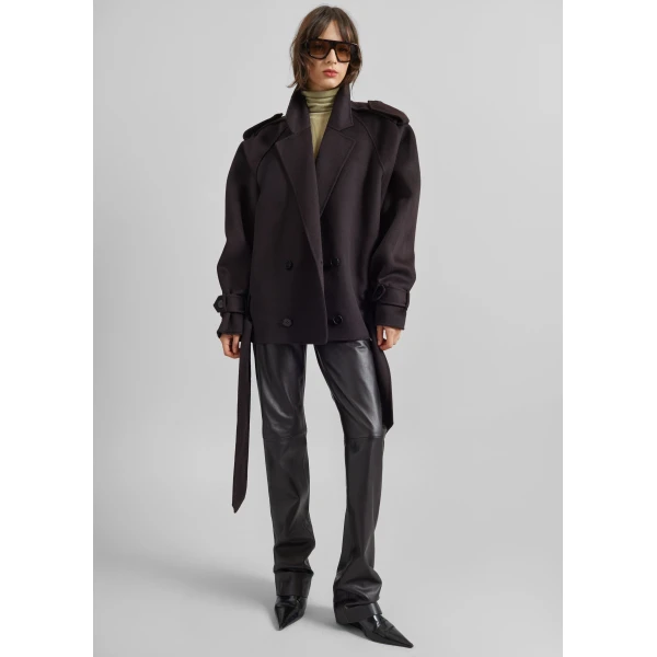 The Frankie Shop Elys Short Wool Trench – Dark Plum, view 5