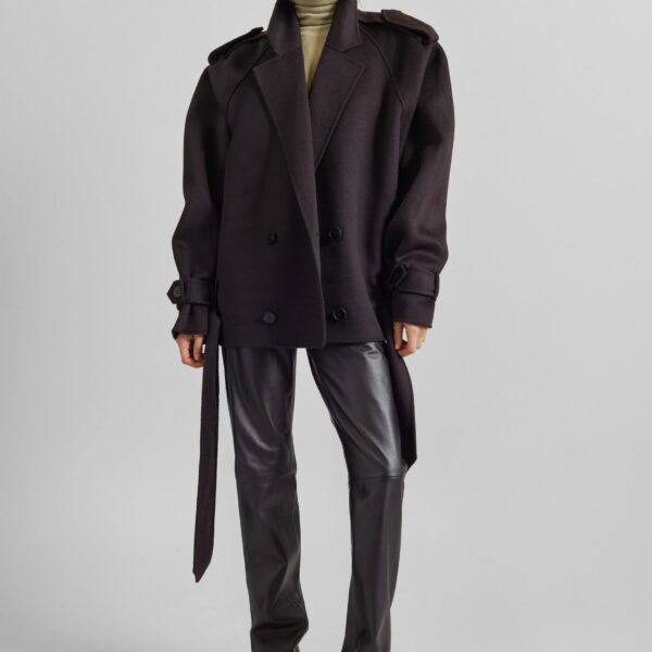 The Frankie Shop Elys Short Wool Trench - Dark Plum - Oversized Minimalist Coats in Purple - Shop at Coveti