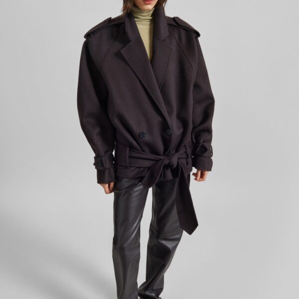 The Frankie Shop Elys Short Wool Trench - Dark Plum - Oversized Minimalist Coats in Purple - Shop at Coveti