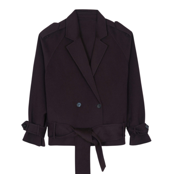 The Frankie Shop Elys Short Wool Trench - Dark Plum - Oversized Minimalist Coats in Purple - Shop at Coveti