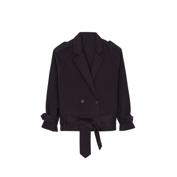 The Frankie Shop Elys Short Wool Trench - Dark Plum - Oversized Minimalist Coats in Purple - Shop at Coveti