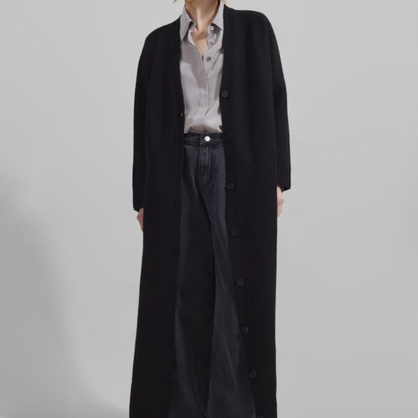 The Frankie Shop Emi Long Knit Cardigan - Black - Oversized Minimalist Knitwear in Black - Shop at Coveti