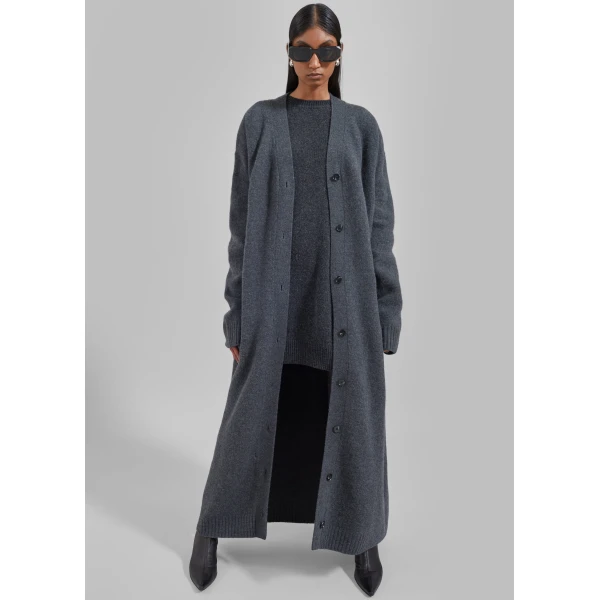 The Frankie Shop Emi Long Knit Cardigan – Dark Grey Melange, view 2