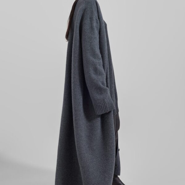 The Frankie Shop Emi Long Knit Cardigan - Dark Grey Melange - Oversized Minimalist Knitwear in Grey - Shop at Coveti