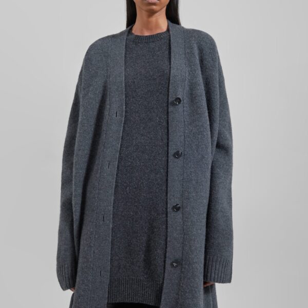 The Frankie Shop Emi Long Knit Cardigan - Dark Grey Melange - Oversized Minimalist Knitwear in Grey - Shop at Coveti