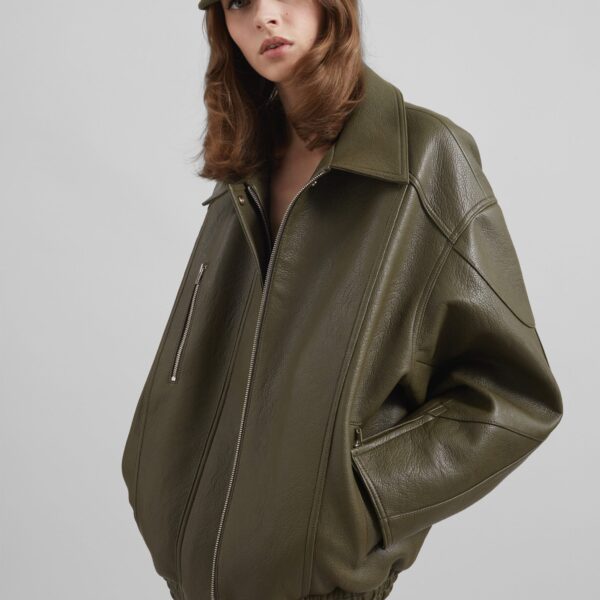 The Frankie Shop Enora Faux Leather Jacket - Olive - Oversized Minimalist Jackets in Green - Shop at Coveti