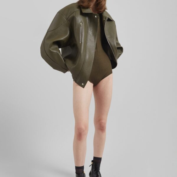 The Frankie Shop Enora Faux Leather Jacket - Olive - Oversized Minimalist Jackets in Green - Shop at Coveti