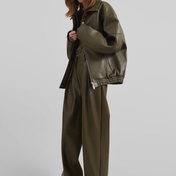 The Frankie Shop Enora Faux Leather Jacket - Olive - Oversized Minimalist Jackets in Green - Shop at Coveti