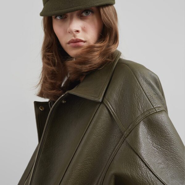 The Frankie Shop Enora Faux Leather Jacket - Olive - Oversized Minimalist Jackets in Green - Shop at Coveti