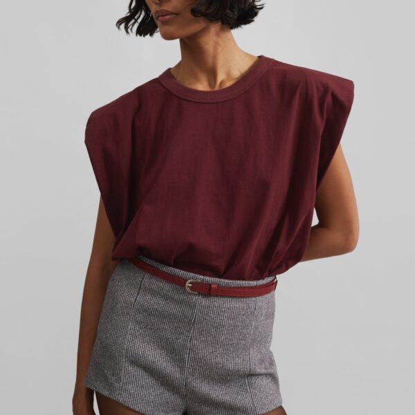 The Frankie Shop Eva Padded Shoulder Muscle T-Shirt - Burgundy - Oversized Minimalist Tops in Red - Shop at Coveti