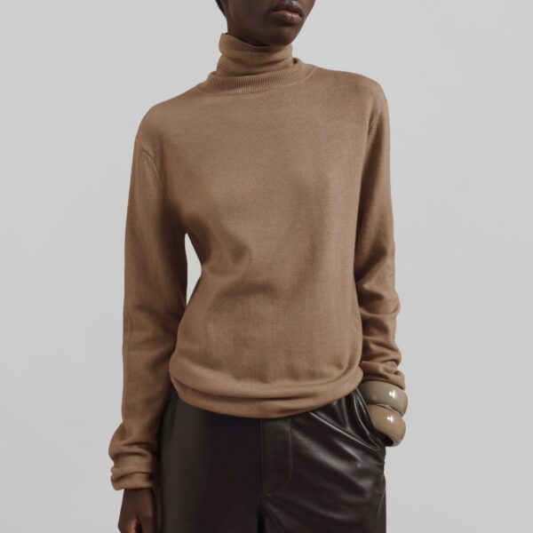 The Frankie Shop Eve Thin Turtleneck Sweater - Camel - Oversized Minimalist Knitwear in Beige - Shop at Coveti