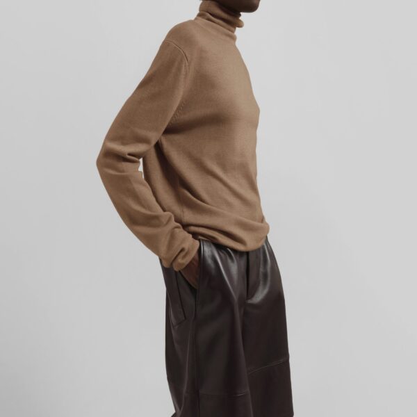 The Frankie Shop Eve Thin Turtleneck Sweater - Camel - Oversized Minimalist Knitwear in Beige - Shop at Coveti