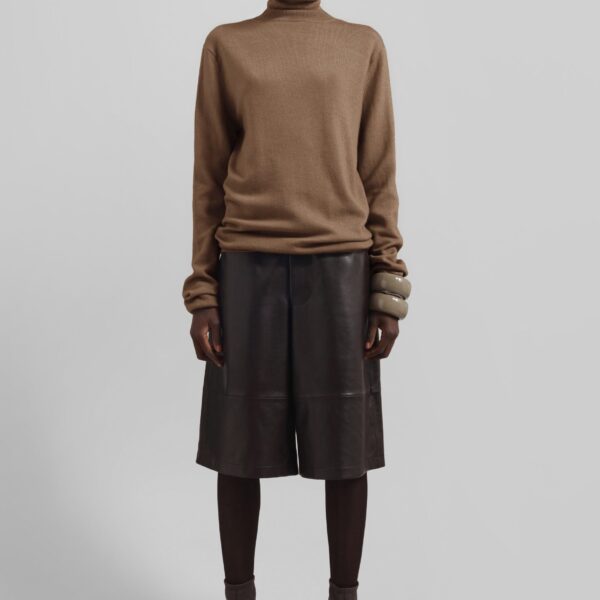 The Frankie Shop Eve Thin Turtleneck Sweater - Camel - Oversized Minimalist Knitwear in Beige - Shop at Coveti