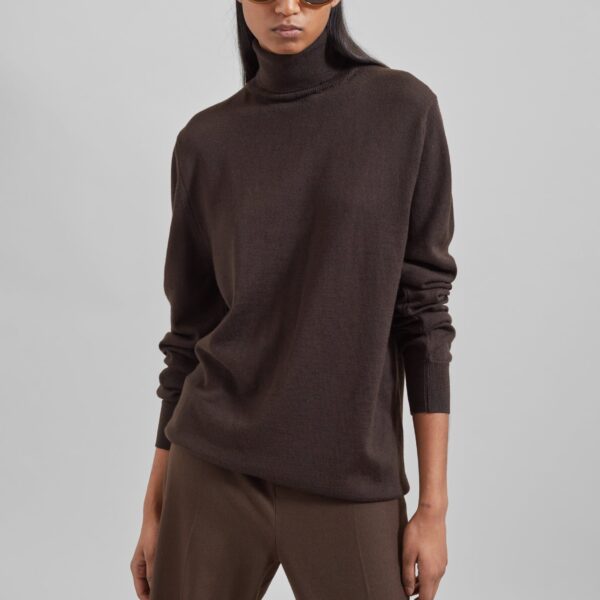 The Frankie Shop Eve Thin Turtleneck Sweater - Dark Brown - Oversized Minimalist Knitwear in Beige - Shop at Coveti