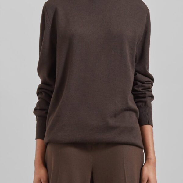 The Frankie Shop Eve Thin Turtleneck Sweater - Dark Brown - Oversized Minimalist Knitwear in Beige - Shop at Coveti