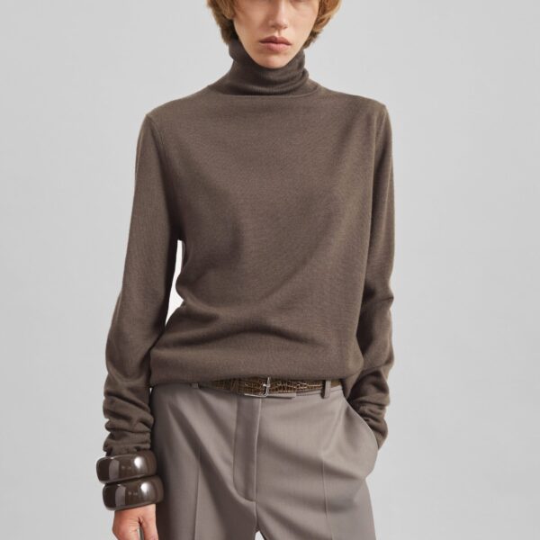 The Frankie Shop Eve Thin Turtleneck Sweater - Dark Taupe - Oversized Minimalist Knitwear in Beige - Shop at Coveti