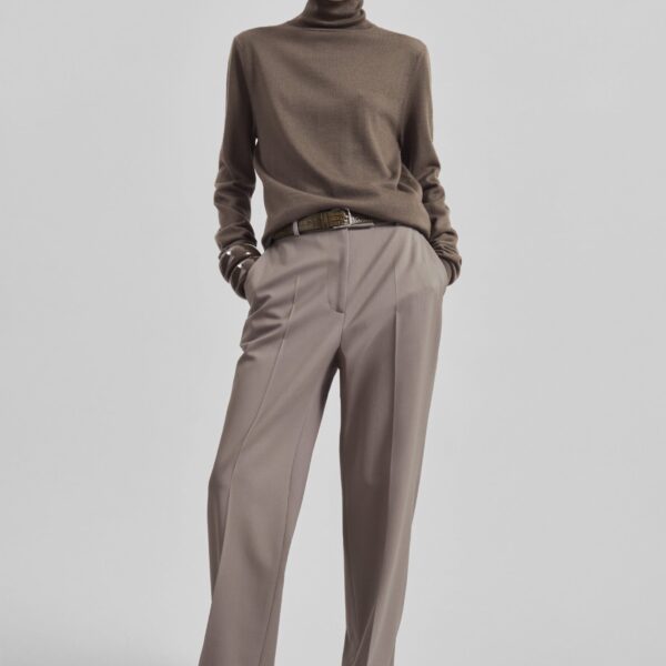 The Frankie Shop Eve Thin Turtleneck Sweater - Dark Taupe - Oversized Minimalist Knitwear in Beige - Shop at Coveti