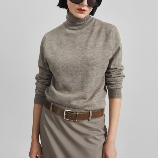 The Frankie Shop Eve Thin Turtleneck Sweater - Taupe - Oversized Minimalist Knitwear in Beige - Shop at Coveti