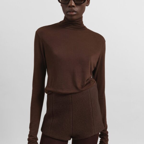 The Frankie Shop Evren Sheer Turtleneck - Brown - Oversized Minimalist Knitwear in Beige - Shop at Coveti