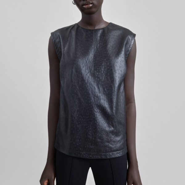 The Frankie Shop Fiza Ostrich-Effect Leather Top - Black - Oversized Minimalist Tops in Black - Shop at Coveti
