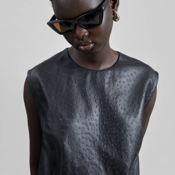 The Frankie Shop Fiza Ostrich-Effect Leather Top - Black - Oversized Minimalist Tops in Black - Shop at Coveti