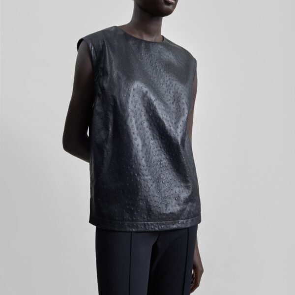 The Frankie Shop Fiza Ostrich-Effect Leather Top - Black - Oversized Minimalist Tops in Black - Shop at Coveti