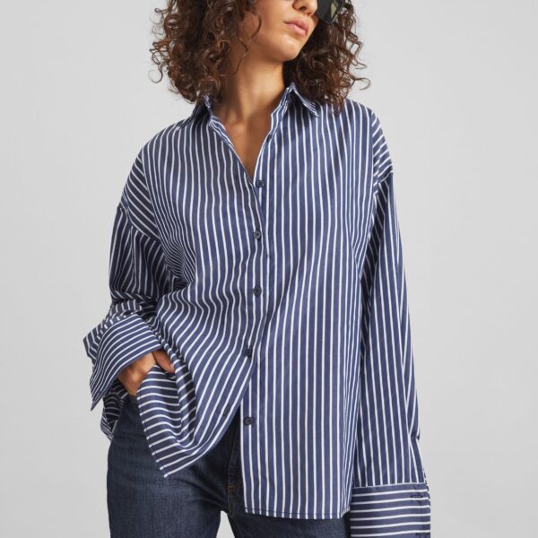 The Frankie Shop Forli Shirt - Navy/White Stripe - Oversized Minimalist Tops in Multicolour - Shop at Coveti