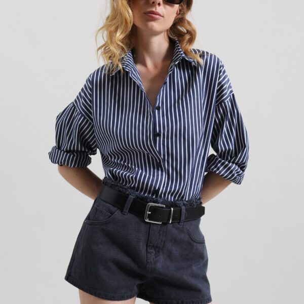 The Frankie Shop Forli Shirt - Navy/White Stripe - Oversized Minimalist Tops in Multicolour - Shop at Coveti